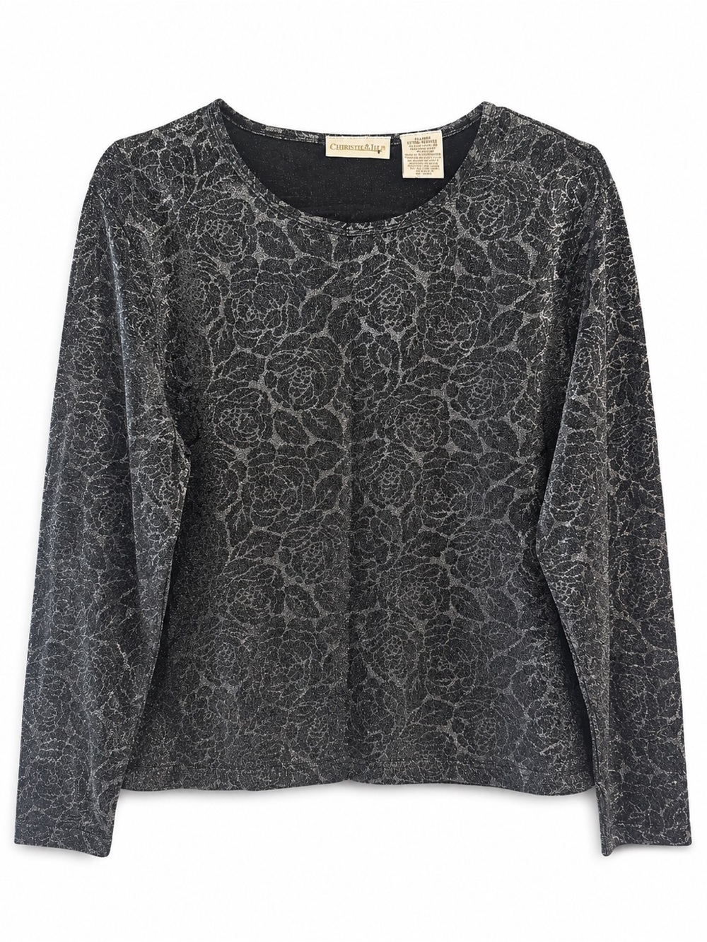 Metallic Snake Print Long Sleeve Top Crew Neck Black Silver Shimmer Size XL
